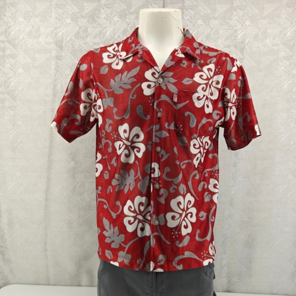 Quiksilver Shirt Mens Medium Red Hibiscus Floral Mesh Jersey Button Up Aloha Y2K